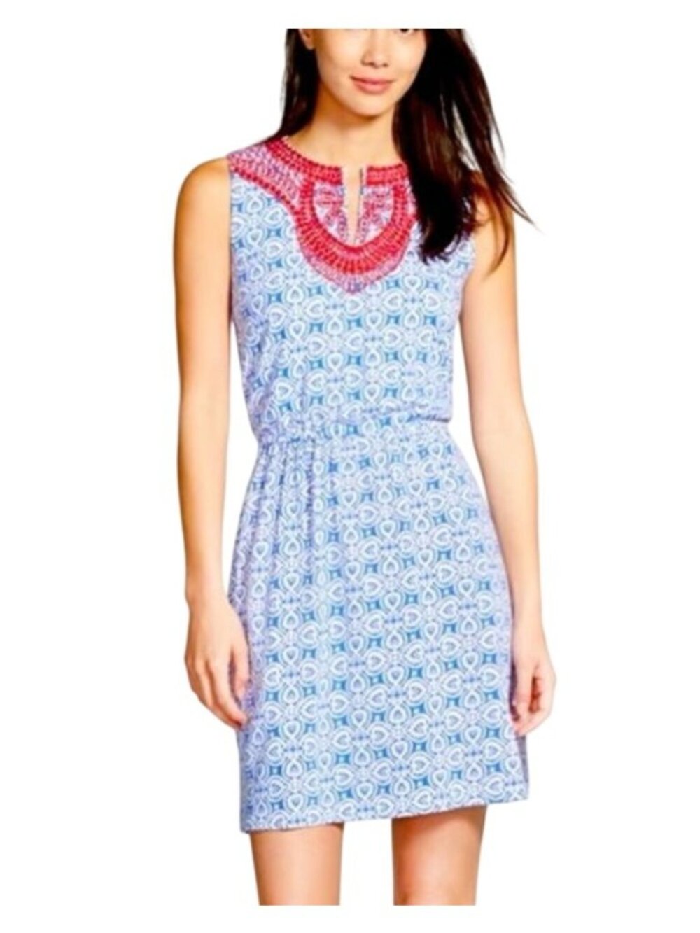 Vineyard Vines Dress XS Embroidered Sleeveless Printed Blue White Bohemian Chic